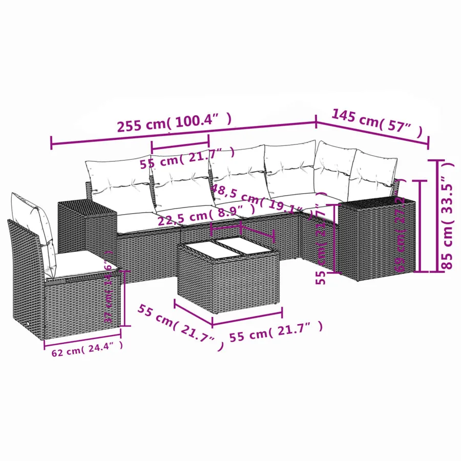 Ensemble de canapé de jardin 7 pcs avec coussins marron résine tressée - 8