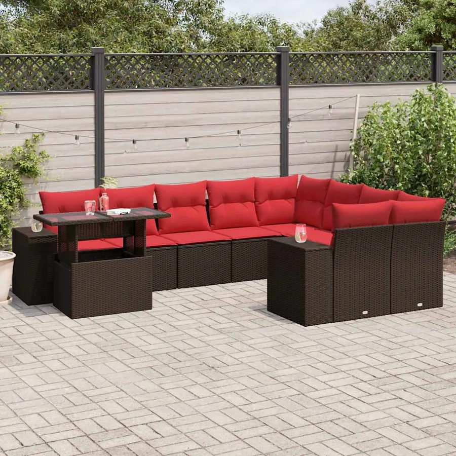 Ensemble de canapé de jardin 10 pcs avec coussins marron résine tressée