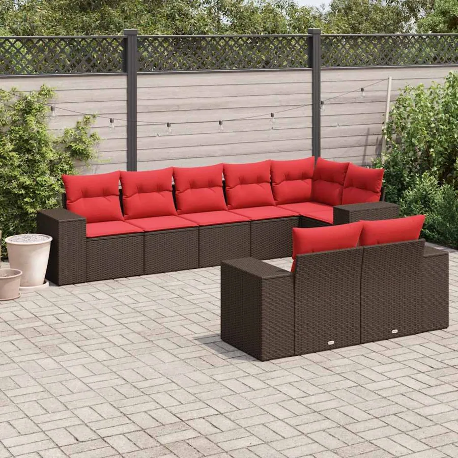 Ensemble de canapé de jardin 8 pcs avec coussins marron résine tressée