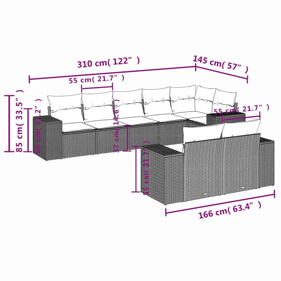 Ensemble de canapé de jardin 8 pcs avec coussins marron résine tressée - 7