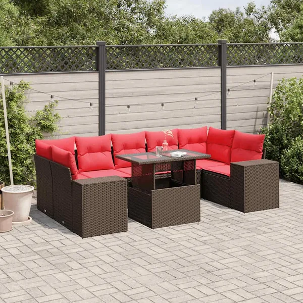 Ensemble de canapé de jardin 8 pcs avec coussins marron résine tressée