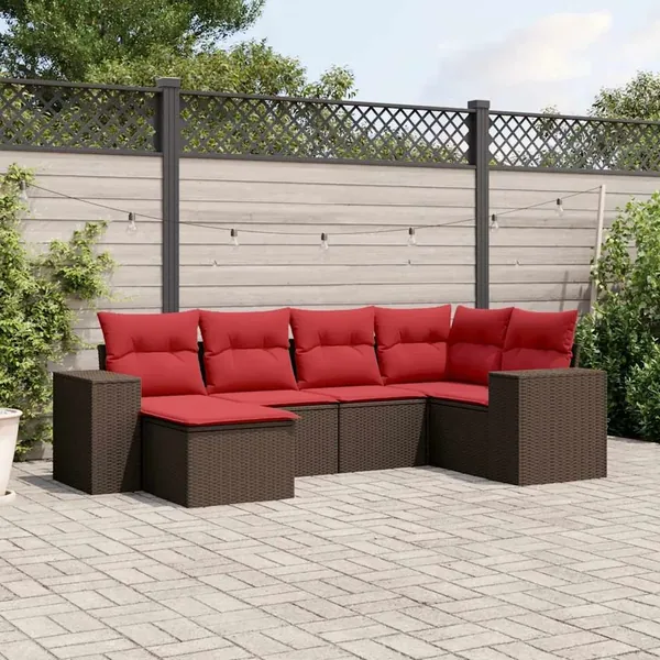 Ensemble de canapé de jardin 6 pcs avec coussins marron résine tressée