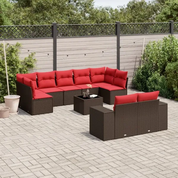 Ensemble de canapé de jardin 10 pcs avec coussins marron résine tressée