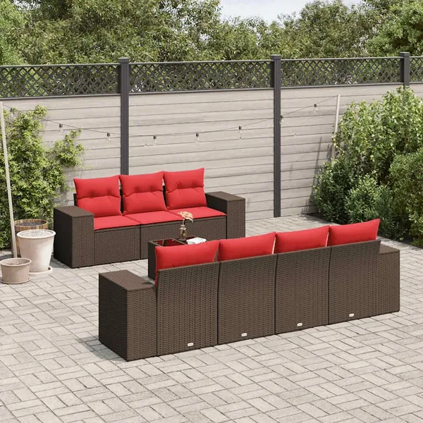 Ensemble de canapé de jardin 8 pcs avec coussins marron résine tressée