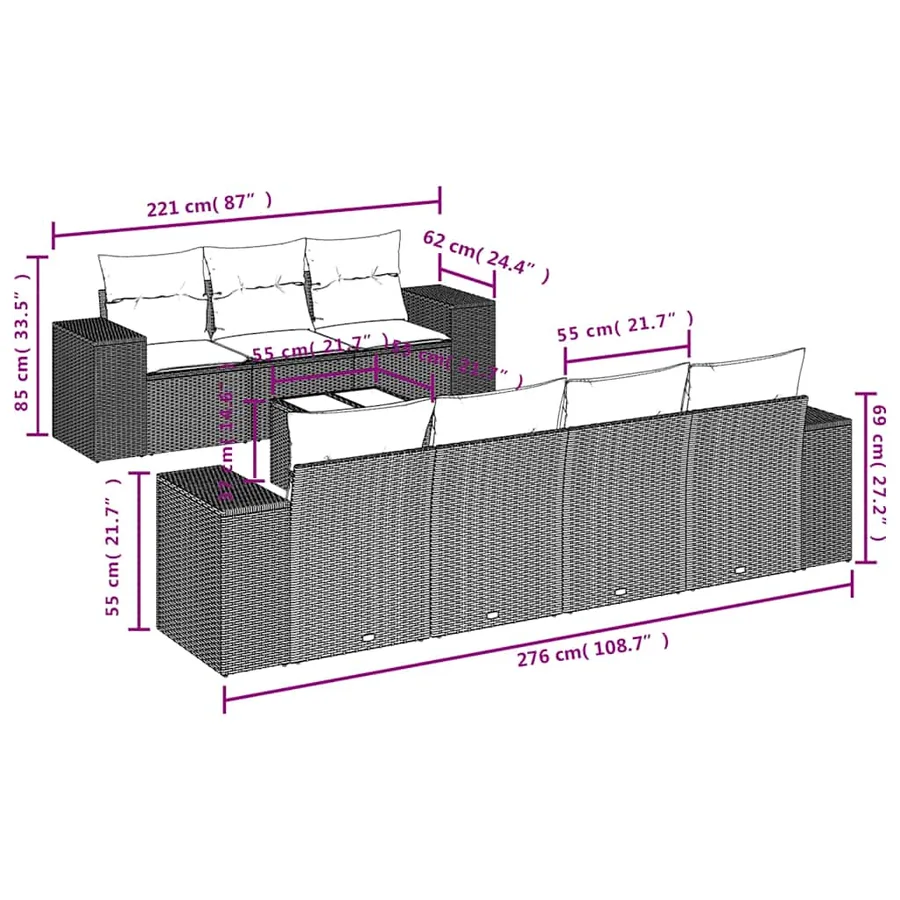 Ensemble de canapé de jardin 8 pcs avec coussins marron résine tressée - 7