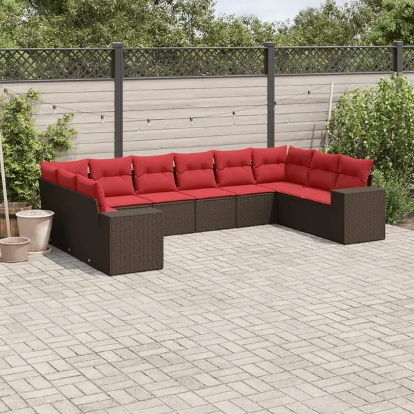 Ensemble de canapé de jardin 10 pcs avec coussins marron résine tressée