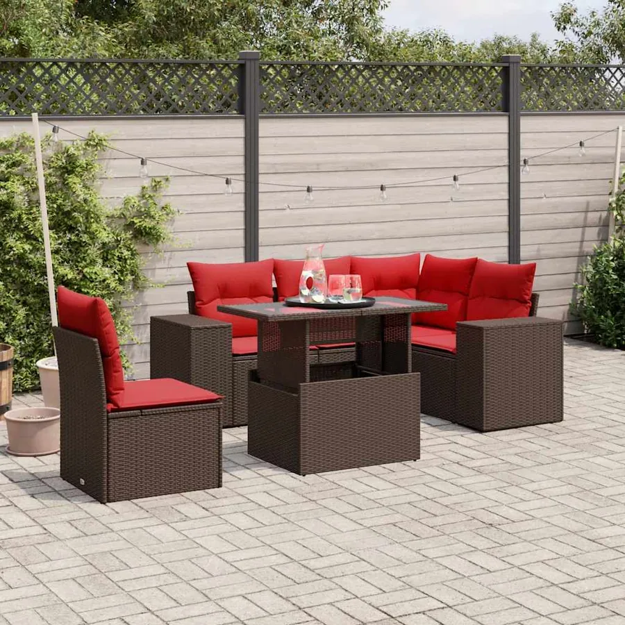 Ensemble de canapé de jardin 6 pcs avec coussins marron résine tressée