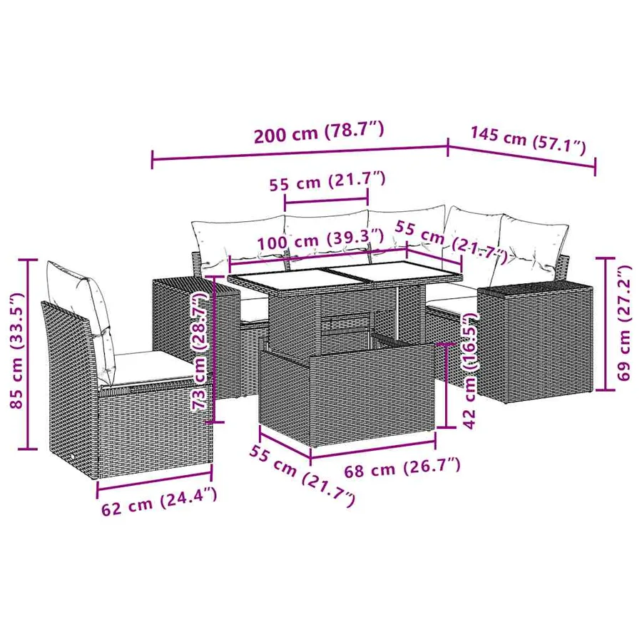 Ensemble de canapé de jardin 6 pcs avec coussins marron résine tressée - 10