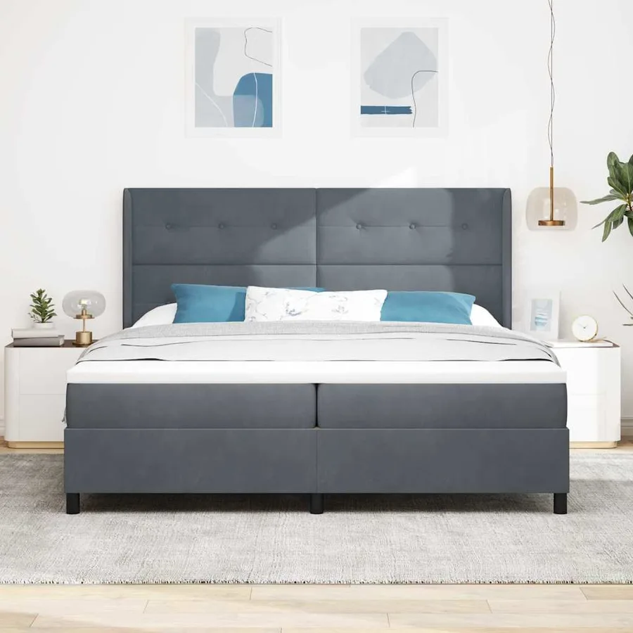 Lit à ressorts avec tête de lit Gris foncé 200 x 200 cm Velours - 3