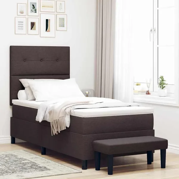Lit à ressorts avec tête de lit Marron foncé 90 x 190 cm tissu