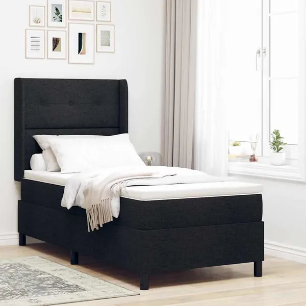 Lit à ressorts avec coussin Noir 200 x 90 cm tissu
