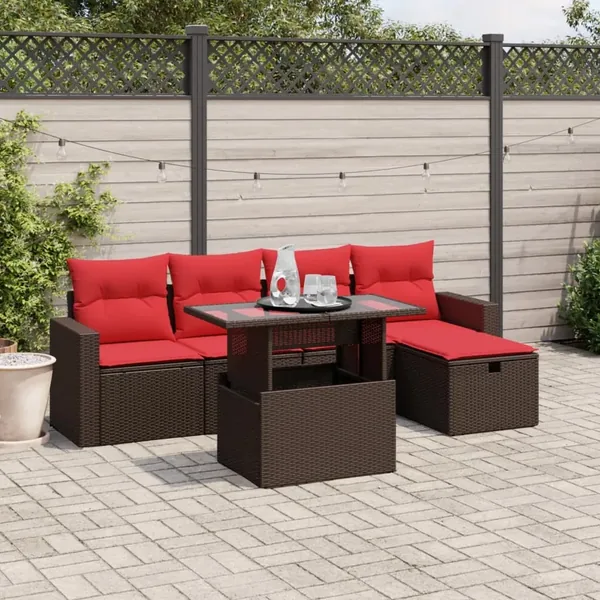 Ensemble de canapé de jardin 6 pcs avec coussins marron résine tressée