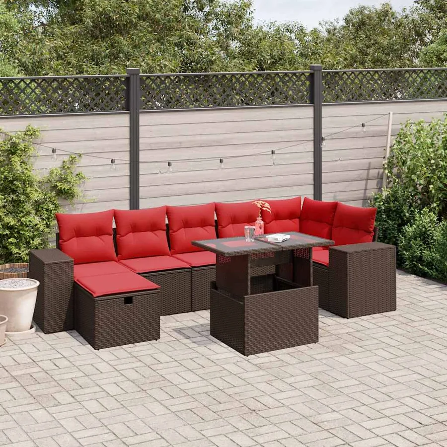 Ensemble de canapé de jardin 8 pcs avec coussins marron résine tressée
