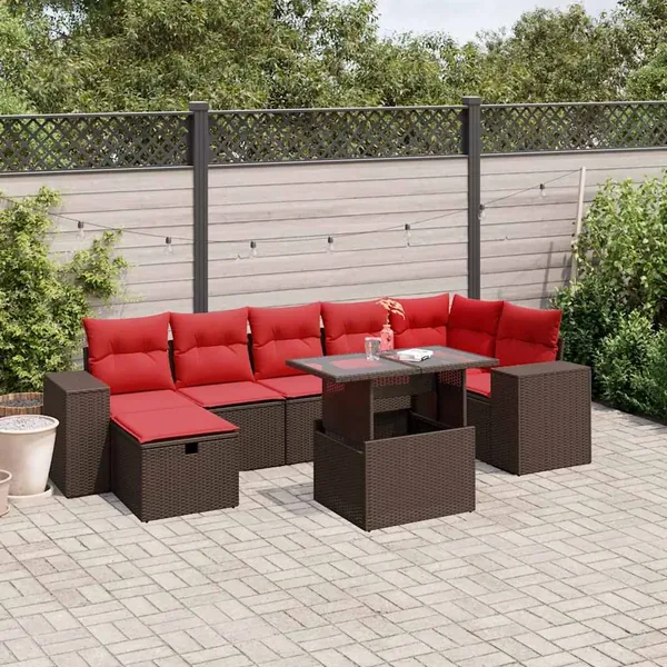 Ensemble de canapé de jardin 8 pcs avec coussins marron résine tressée