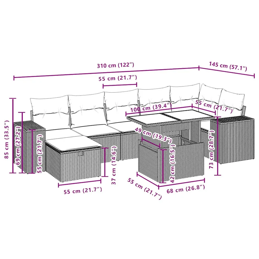 Ensemble de canapé de jardin 8 pcs avec coussins marron résine tressée - 13