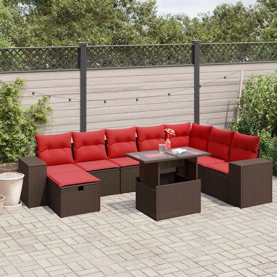 Ensemble de canapé de jardin 9 pcs avec coussins marron résine tressée