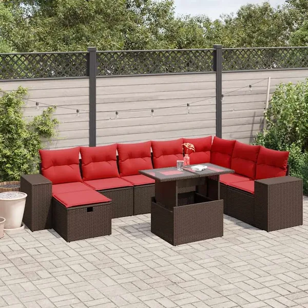 Ensemble de canapé de jardin 9 pcs avec coussins marron résine tressée