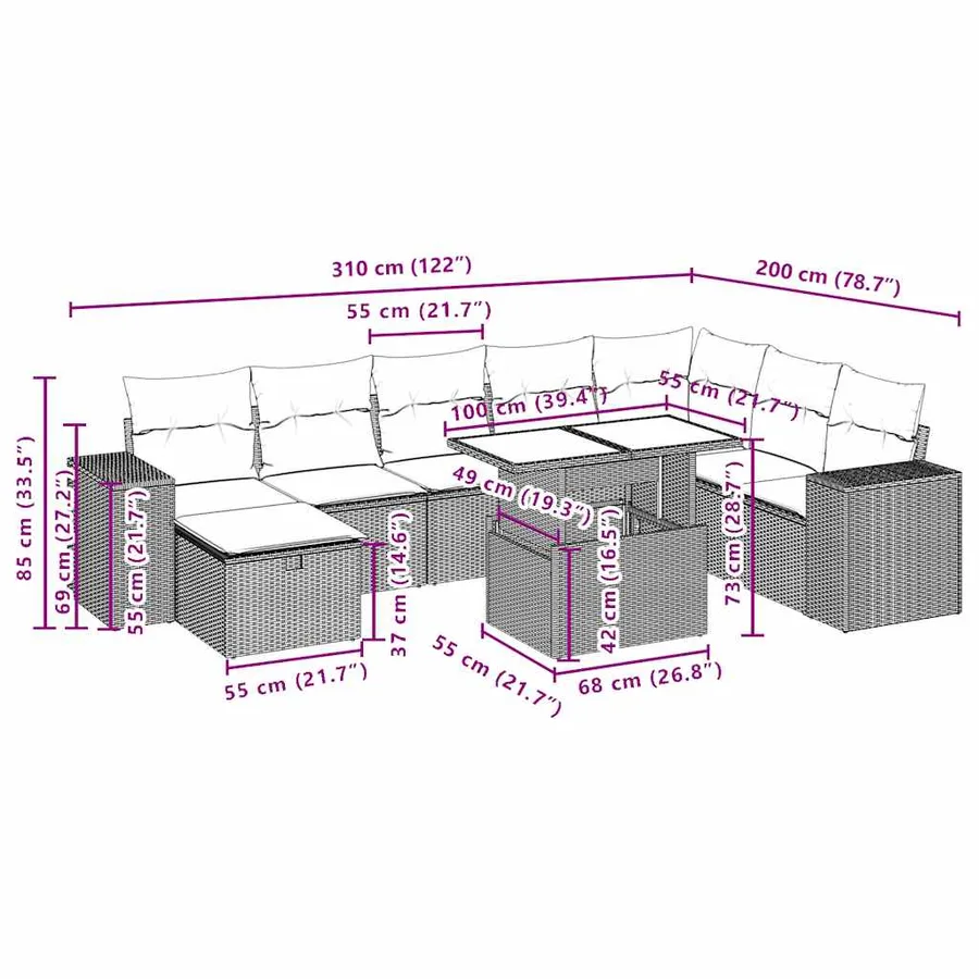 Ensemble de canapé de jardin 9 pcs avec coussins marron résine tressée - 13