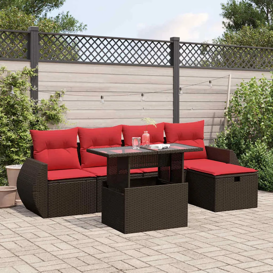 Ensemble de canapé de jardin 6 pcs avec coussins marron résine tressée