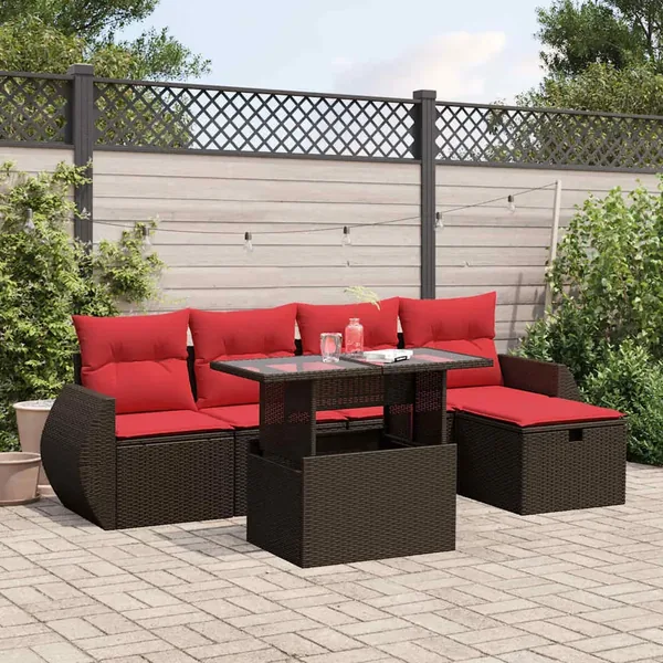 Ensemble de canapé de jardin 6 pcs avec coussins marron résine tressée