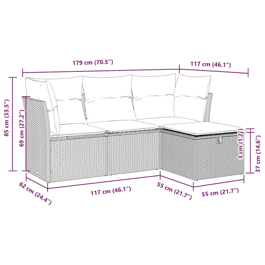 Salon de jardin 4 pcs avec coussins marron résine tressée - 11