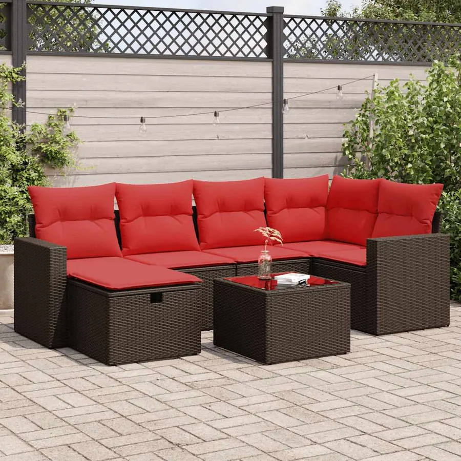 Salon de jardin avec coussins 7 pcs marron résine tressée