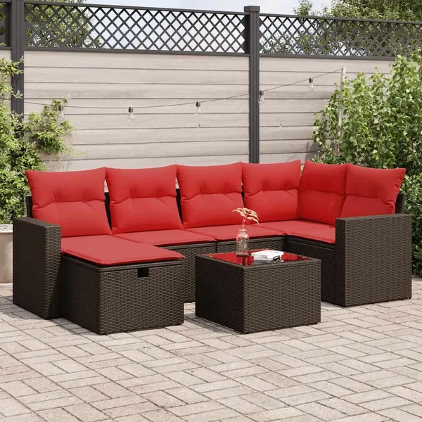 Salon de jardin avec coussins 7 pcs marron résine tressée
