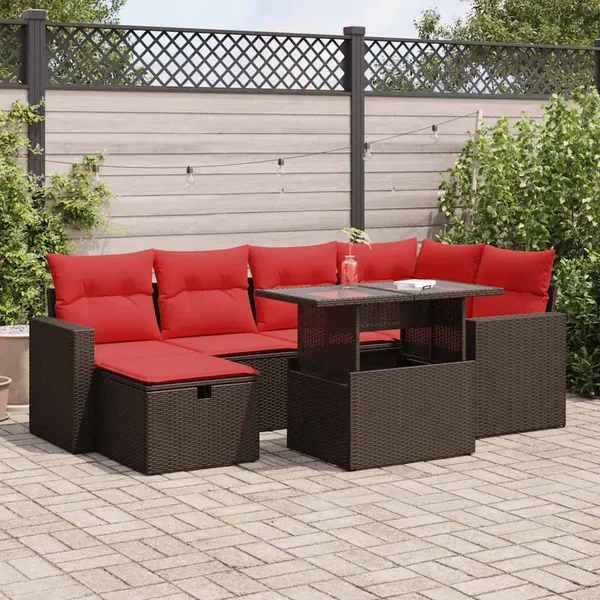Salon de jardin avec coussins 7 pcs marron résine tressée acacia