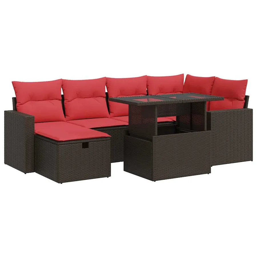 Salon de jardin avec coussins 7 pcs marron résine tressée acacia - 2