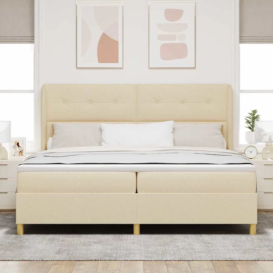Lit à ressorts avec tête de lit Crème 200 x 200 cm tissu - 3