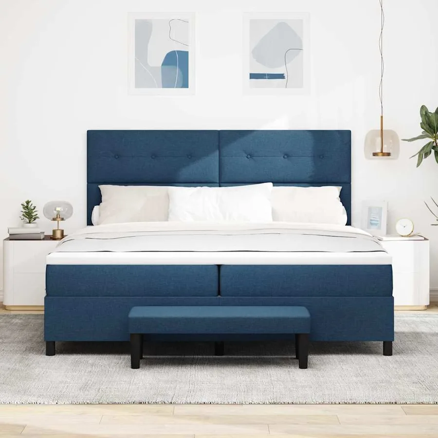 Lit à ressorts avec tête de lit Bleu 200 x 200 cm tissu - 3