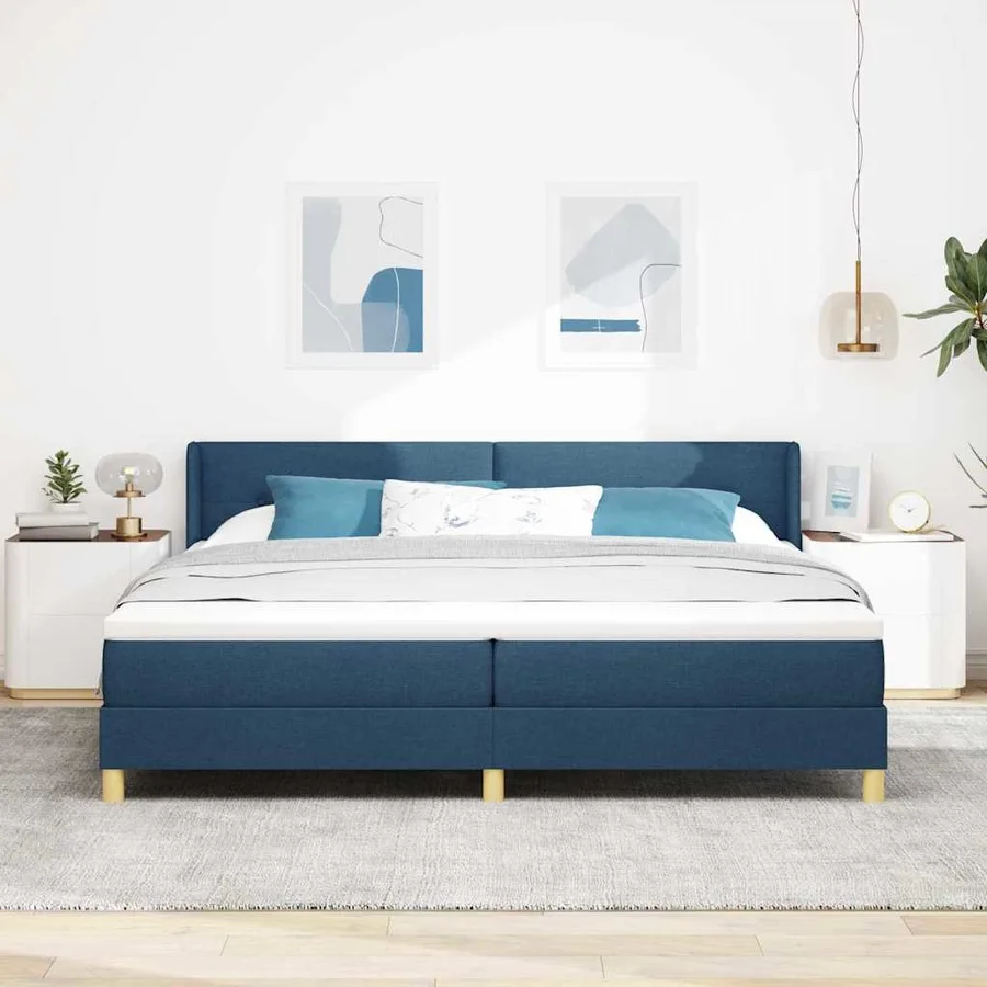 Lit à ressorts avec tête de lit Bleu 200 x 200 cm tissu - 3