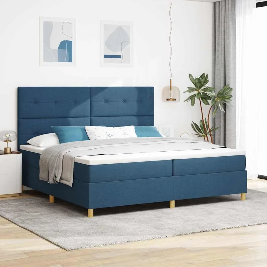 Lit à ressort LED avec tête de lit Bleu 200 x 200 cm tissu