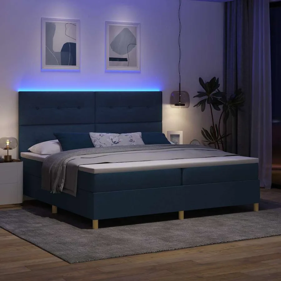 Lit à ressort LED avec tête de lit Bleu 200 x 200 cm tissu - 5