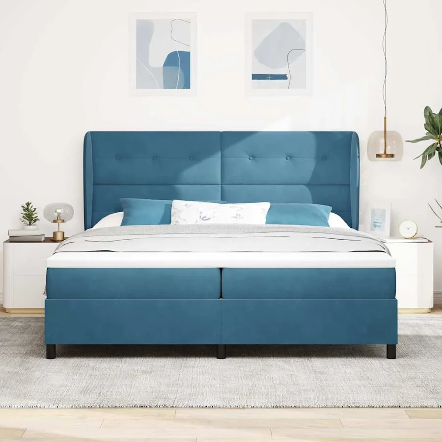 Lit à ressorts avec tête de lit Bleu foncé 200 x 200 cm Velours - 3