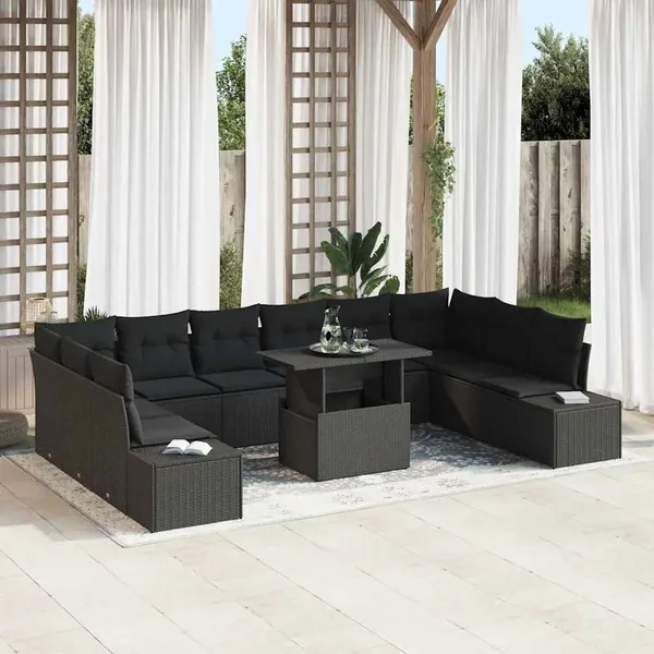 Ensemble de canapé de jardin 11 pcs Noir Poly rotin