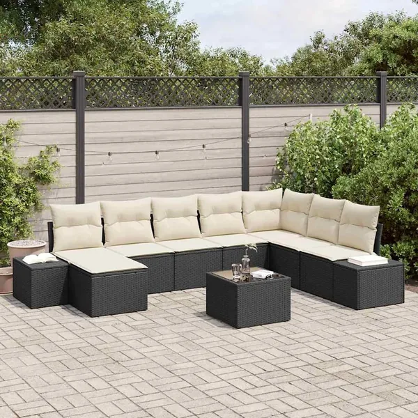 Ensemble de canapé de jardin 8 pcs Noir et Crème polyrotin