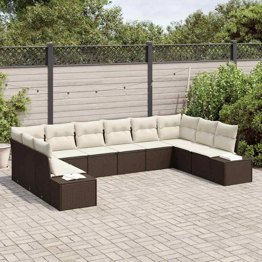 Ensemble de canapé de jardin 10 pcs Marron et Crème Polyrotin - 3