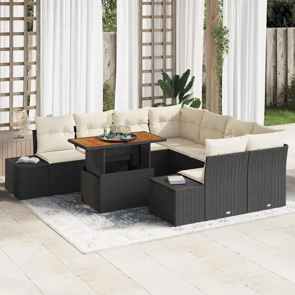 Ensemble de canapé de jardin 9 pcs Noir Poly rotin