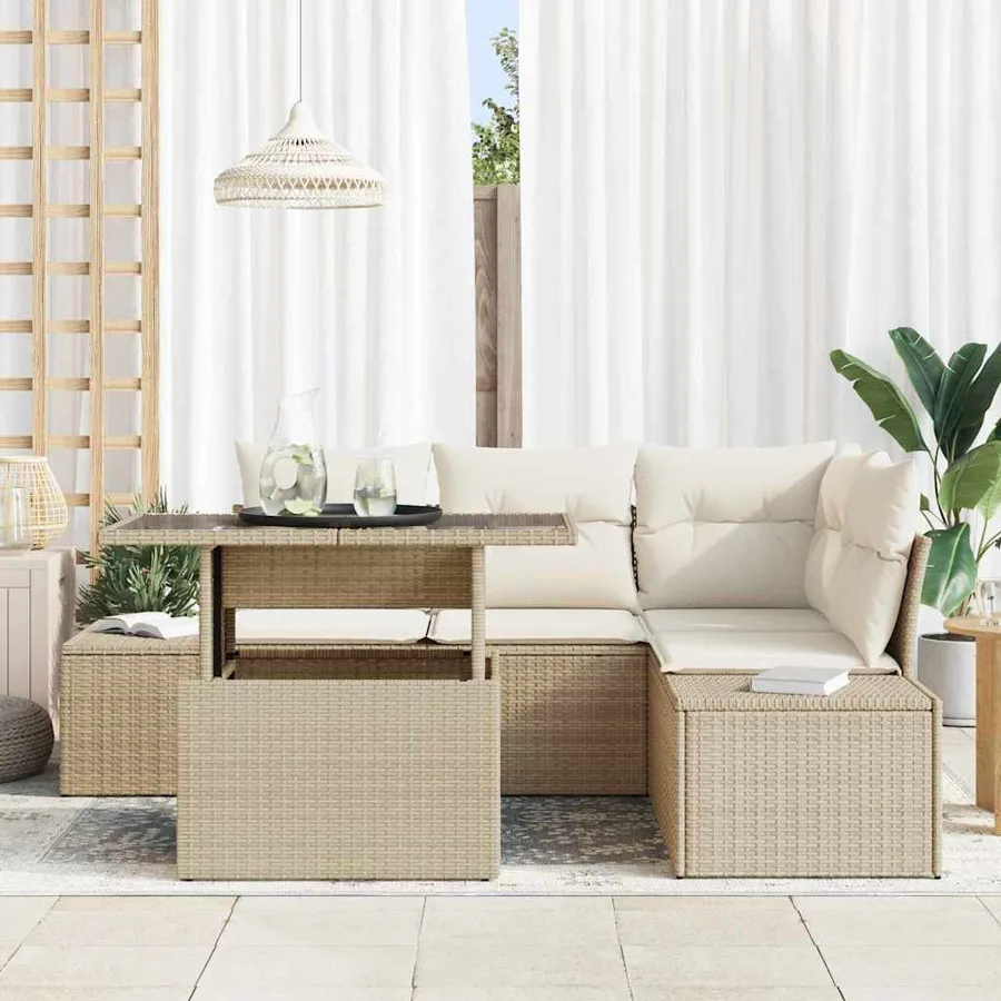 Ensemble de canapé de jardin avec coussin 5 pcs Beige polyrotin - 3