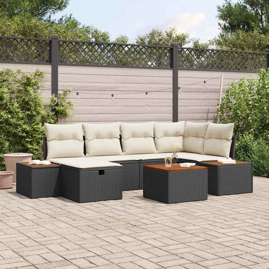 Ensemble de canapé de jardin avec coussin 7 pcs Noir polyrotin