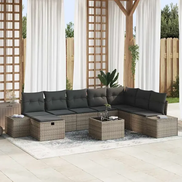 Ensemble de canapé de jardin 9 pcs Gris Poly rotin