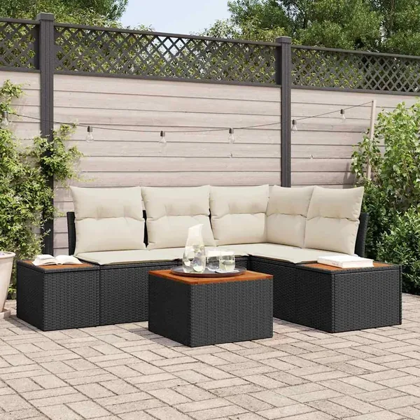Ensemble de canapé de jardin avec coussin 5 pcs Noir Poly rotin