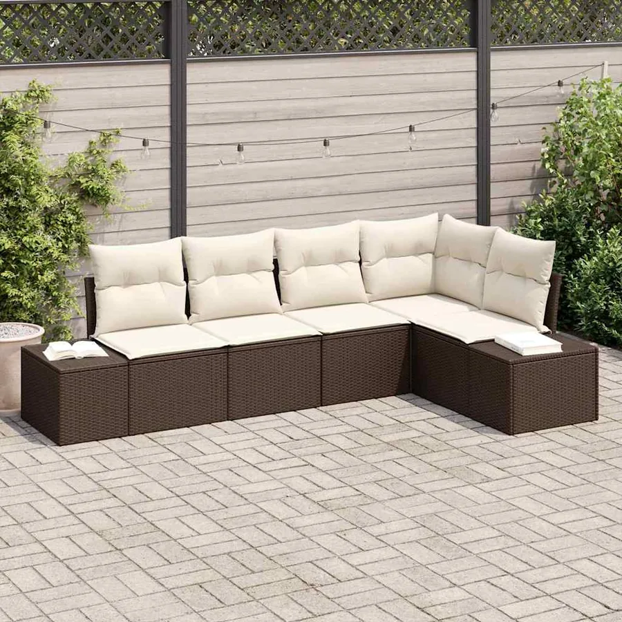 Ensemble de canapé de jardin 5 pcs Marron et Crème polyrotin