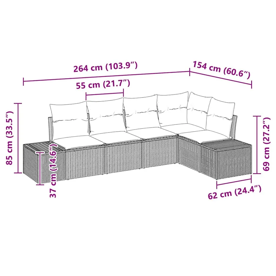 Ensemble de canapé de jardin 5 pcs Marron et Crème polyrotin - 12