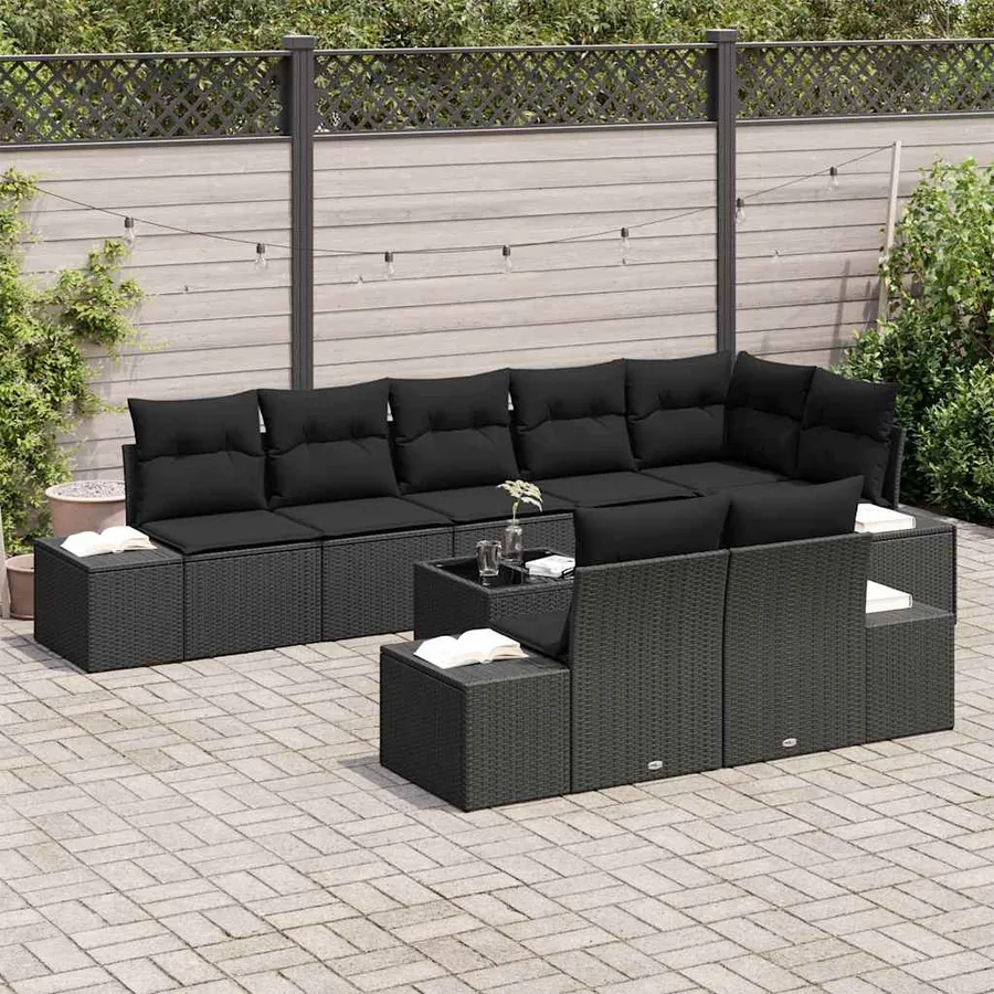 Ensemble de canapé de jardin avec coussin 9 pcs Noir polyrotin - 3