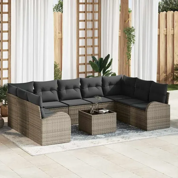 Ensemble de Canapés avec coussin 10 pcs Gris Poly Rattan
