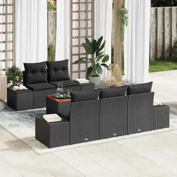 Ensemble de canapé de jardin avec coussin 6 pcs Noir polyrotin