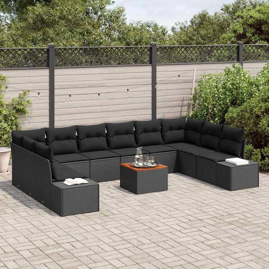 Ensemble de canapé de jardin avec coussin 11 pcs Noir polyrotin - 3
