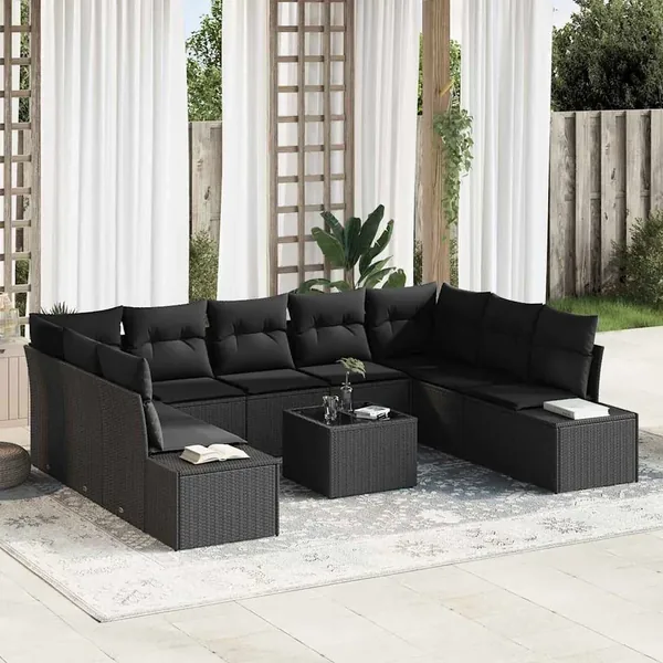 Ensemble de canapé de jardin avec coussin 10 pcs Noir polyrotin